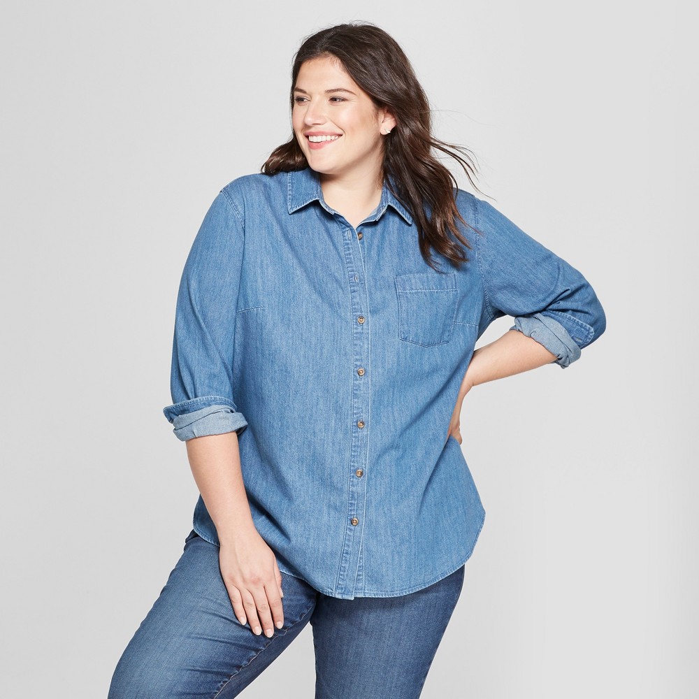 Women's Plus Size Long Sleeve No Gap Button-Down Denim Shirt Ava & Viv NWT