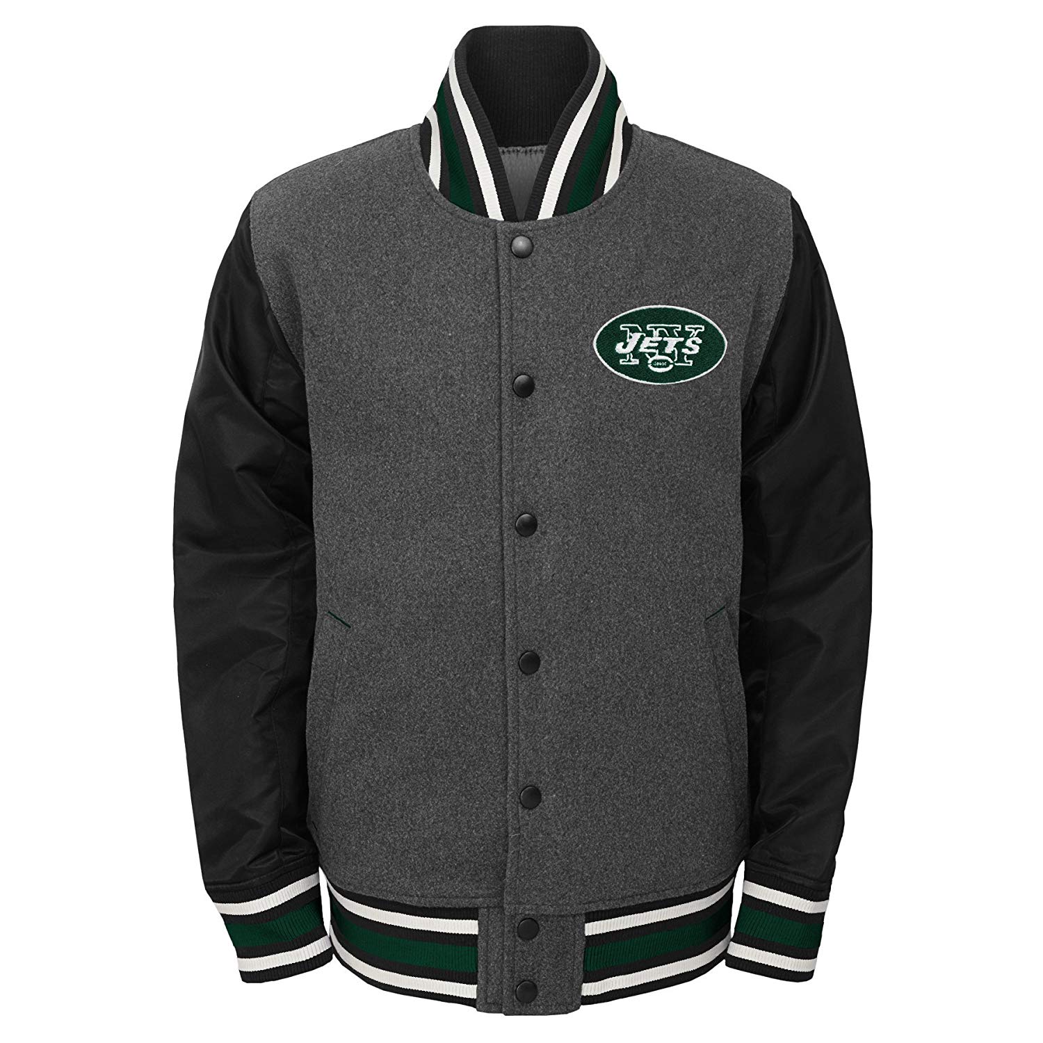 Outerstuff NFL New York Jets Youth Boys Letterman Varsity Jacket Charcoal  Grey, Youth X-Large 18 - VIP Outlet