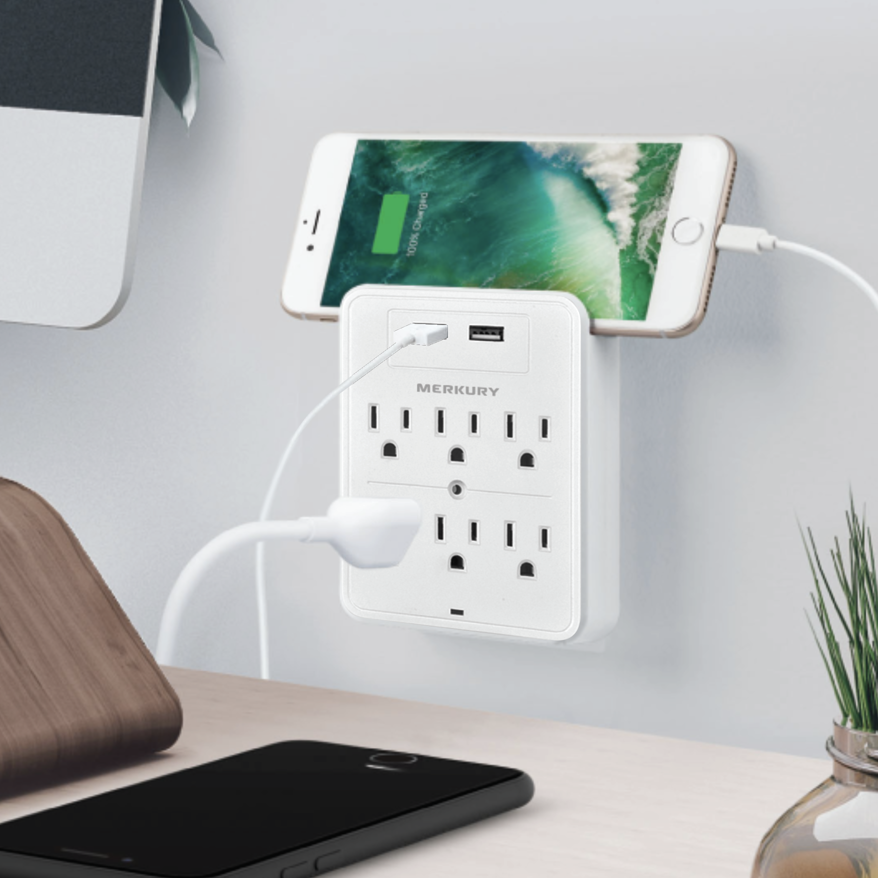 Merkury Innovations  2usb 6ac Wall Plate with Phone Stand 800j - VIP  Outlet