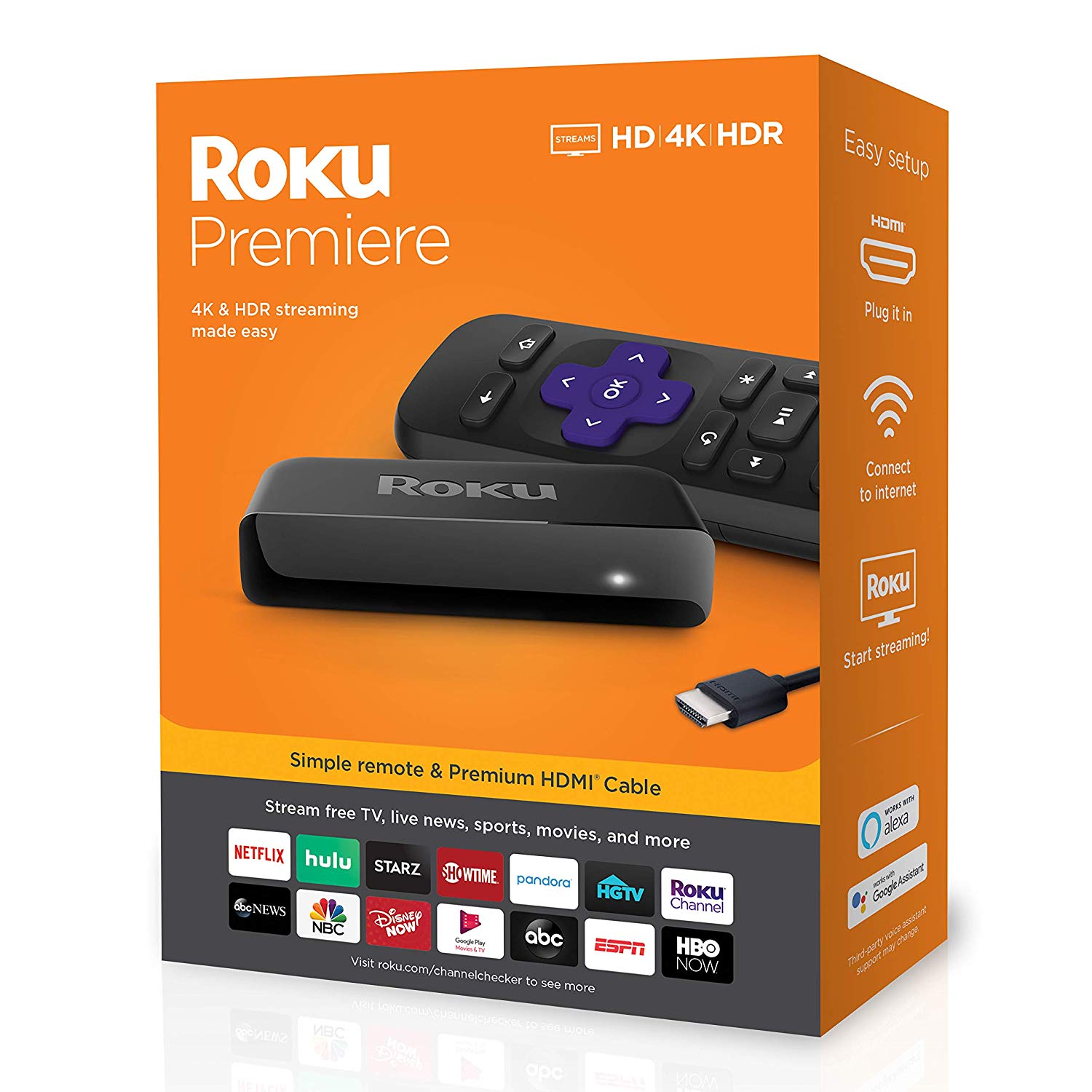 Roku 3920R HD/4K/HDR Media Player, Simple Remote and Premium Cable - VIP Outlet